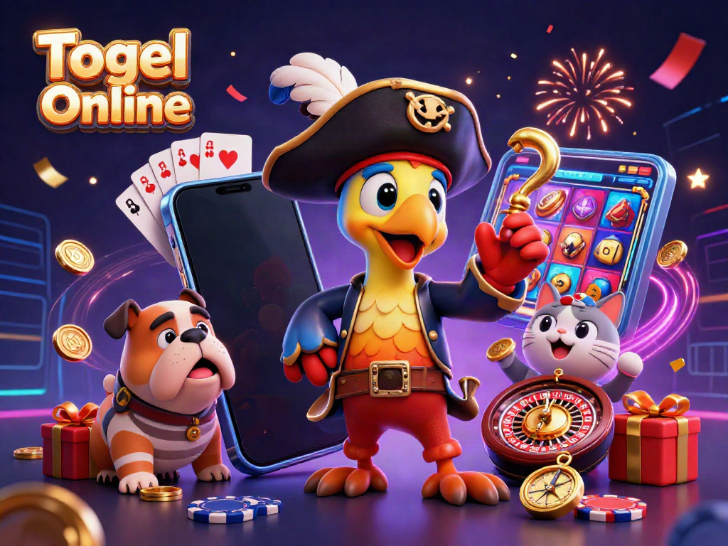 Togel Online mengundang pemain dengan karakter 3D yang ceria dan slot game menarik di sekelilingnya.