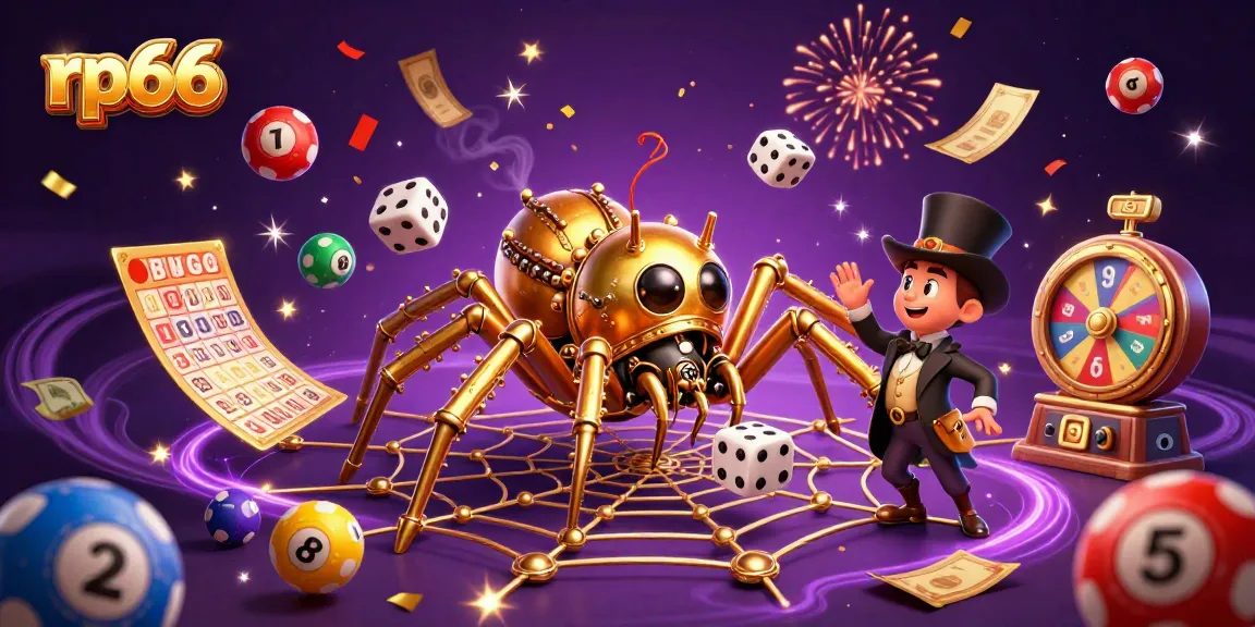 Experience rp66 with a captivating scene of a steampunk spider and playful elements in a vibrant 3D casino.