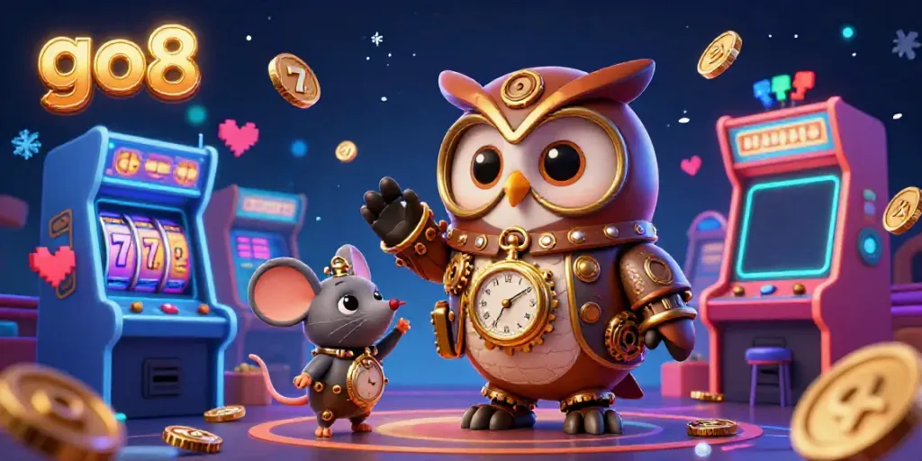 Experience the vibrant energy of go8 casino gaming with a colorful, action-packed scene featuring a time-traveling owl.