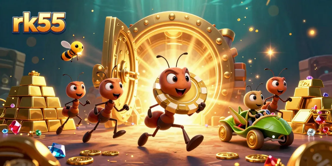 Engage with RK55 - a dynamic heist scene featuring 3D cartoon ants, showcasing adrenaline-pumping casino adventures.