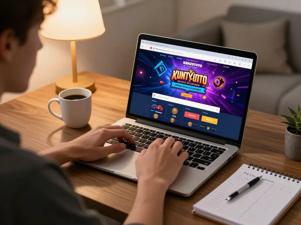 Pemain mengakses login kenzototo di laptop dengan catatan strategi permainan di pengaturan rumah yang nyaman