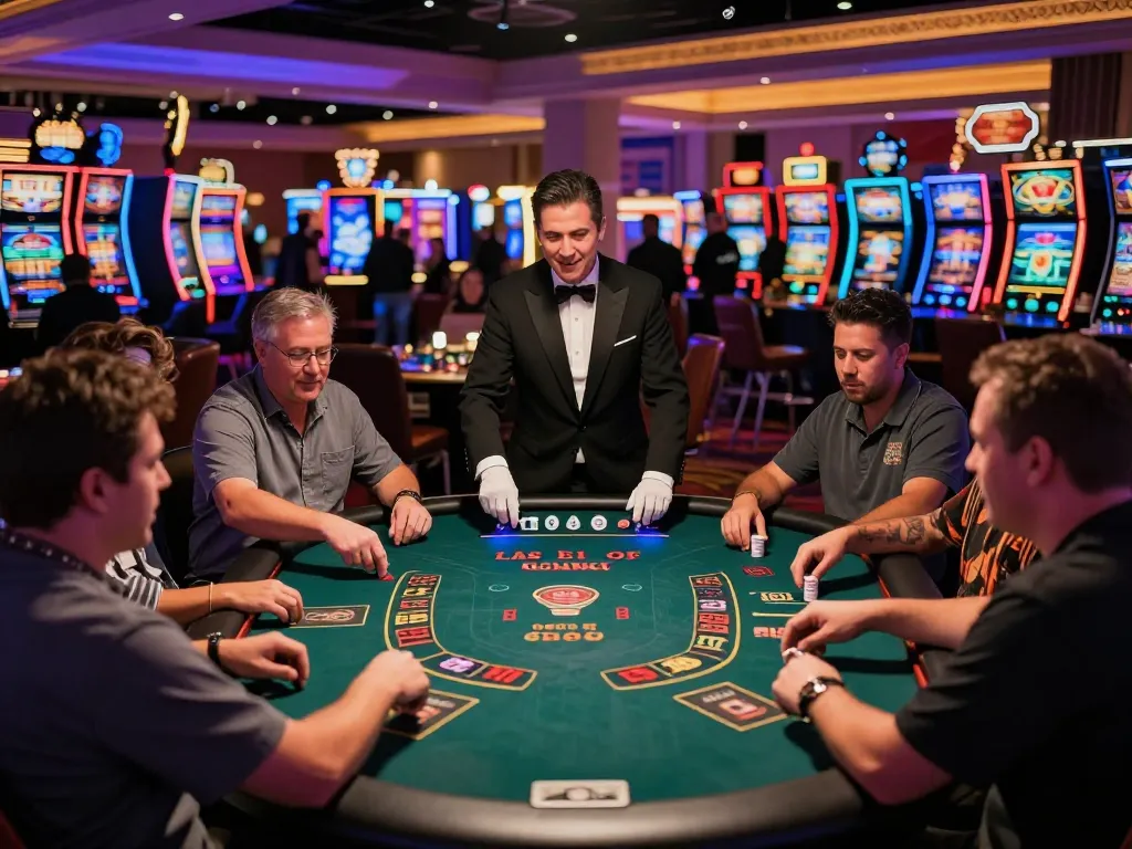 Players at 789bet engaged in a thrilling blackjack game on an illuminated Vegas casino floor
