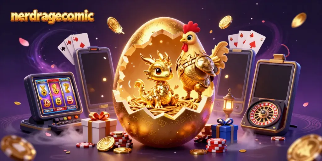 Visualisasi nerdragecomic yang menampilkan naga emas dalam permainan kasino dengan poker chip