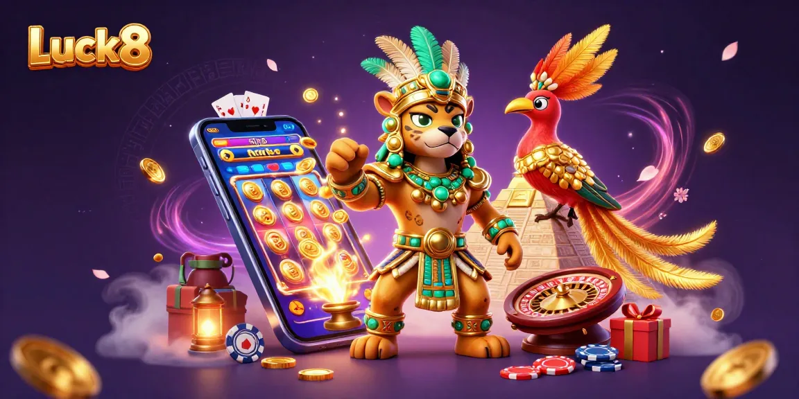 Luck8 enhances the thrill with a vibrant casino scene featuring a Mayan jaguar priest and colorful game elements.