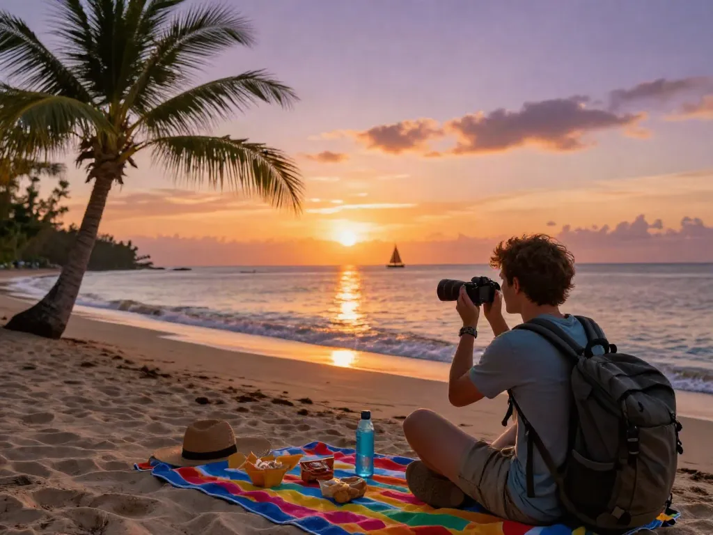 Pemandangan pantai tropis saat senja dengan traveler menikmati keindahan pecah25