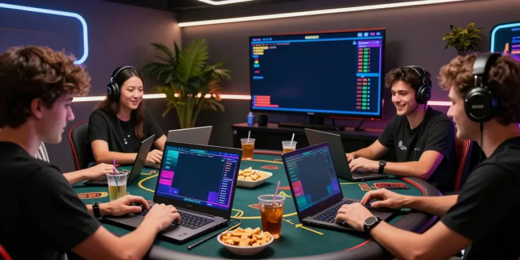 Akses langsung ke buntogel dalam suasana penuh semangat dengan kelompok teman yang bermain bersama di depan laptop.