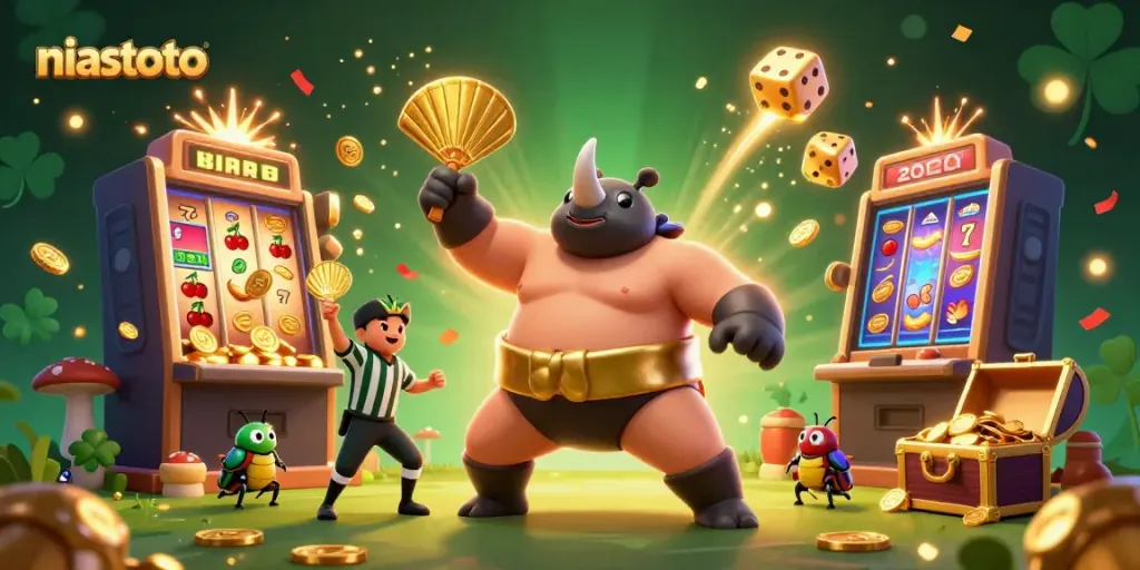 Experience the thrilling action of niastoto with a sumo beetle champion amidst a spectacular casino scene.