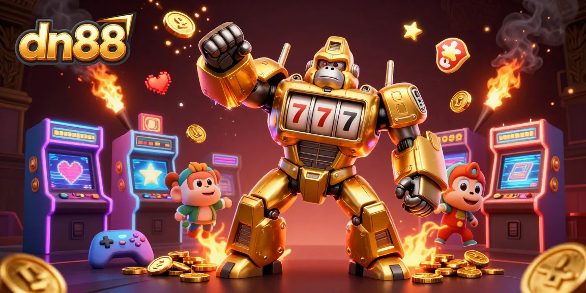 Experience exciting gaming with dn88's vibrant 3D illustration of a golden gorilla mech.