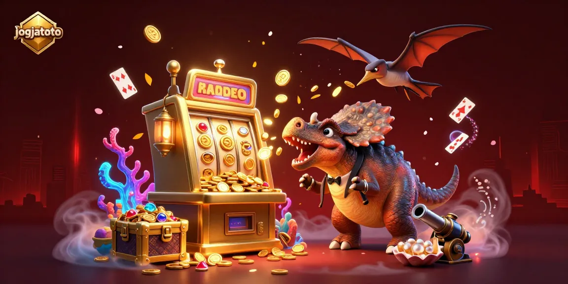 Experience exhilaration with jogjatoto as a cartoon dinosaur triggers a jackpot, surrounded by vibrant casino elements.
