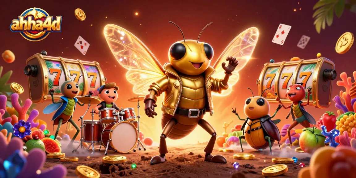 A dynamic scene with the ahha4d rock star cicada and friends playing in vibrant casino slot reels surrounded by dazzling treasures.