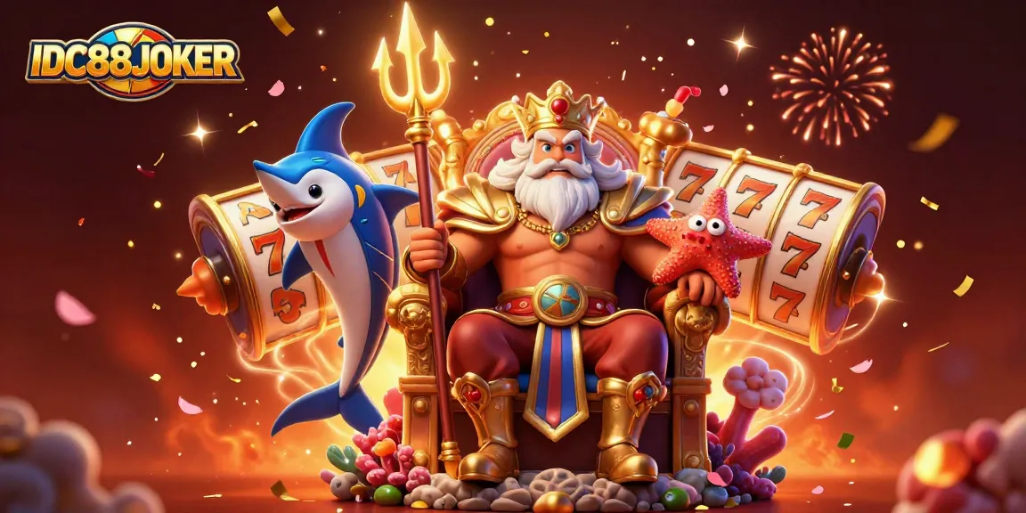 Spin to win with IDC88JOKER in this vibrant casino scene featuring slot reels and fortune symbols.