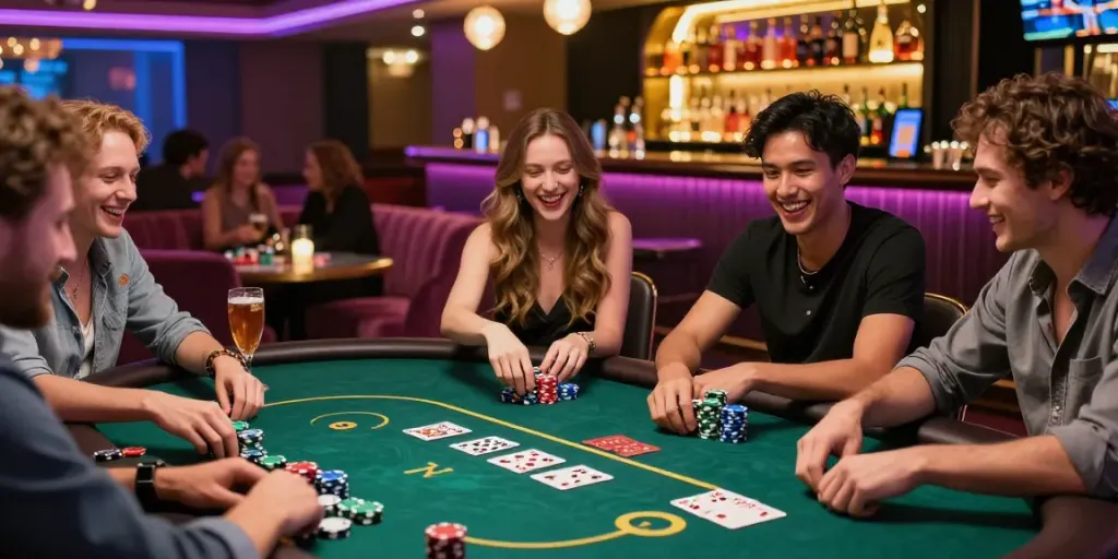 Exciting Seributoto poker game scene with friends enjoying a vibrant casino atmosphere.