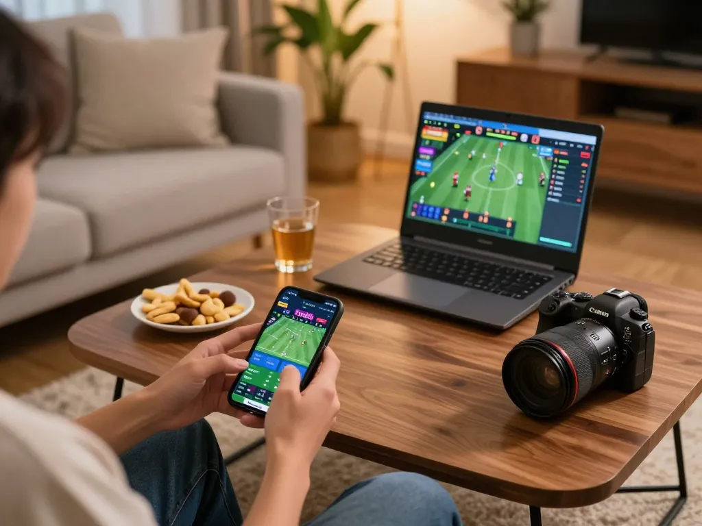 Fun88 mobile sports betting setup showcasing a person engaged in gaming with vibrant decor and warm settings.