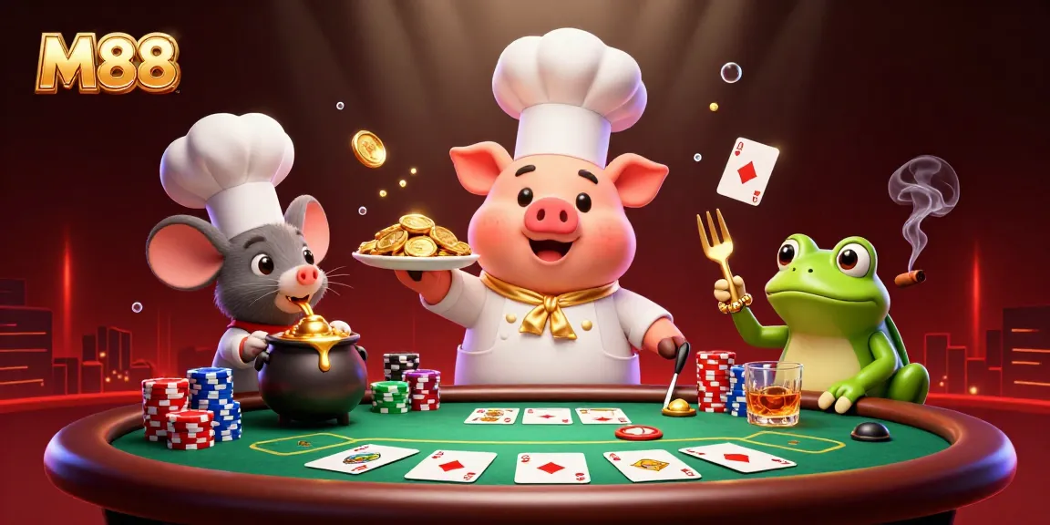 M88 enhances the gaming experience with a chef pig and more serving gold coins amidst vivid poker elements.