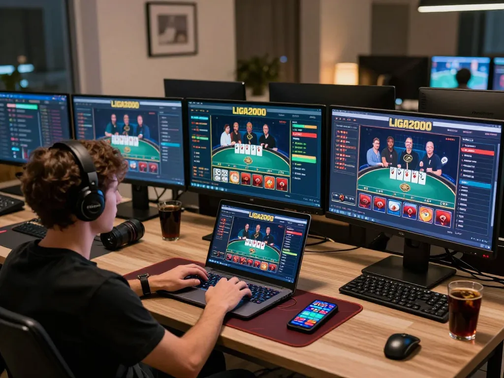 LIGA2000 player enjoying an online poker game on the laptop while reviewing strategy notes.