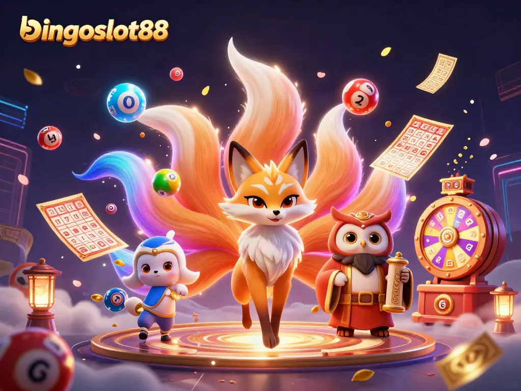 Menggambarkan bingoslot88 dengan permainan bingo yang penuh warna dan elemen menarik dalam ilustrasi 3D.