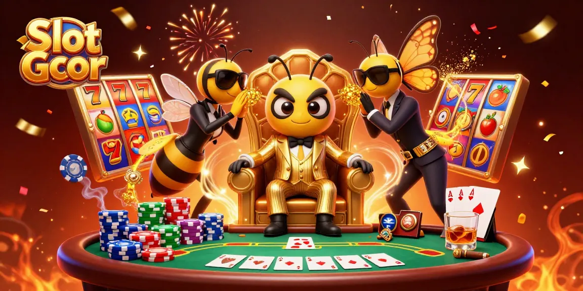Engage with Slot Gcor gaming featuring vibrant slot reels, a bumblebee mob boss, and a lively casino atmosphere.