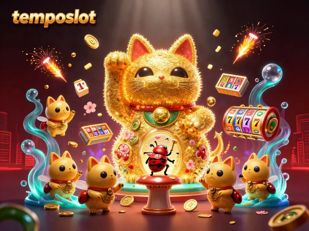Experience luck with temposlot's giant cat symbol amongst vibrant casino elements.