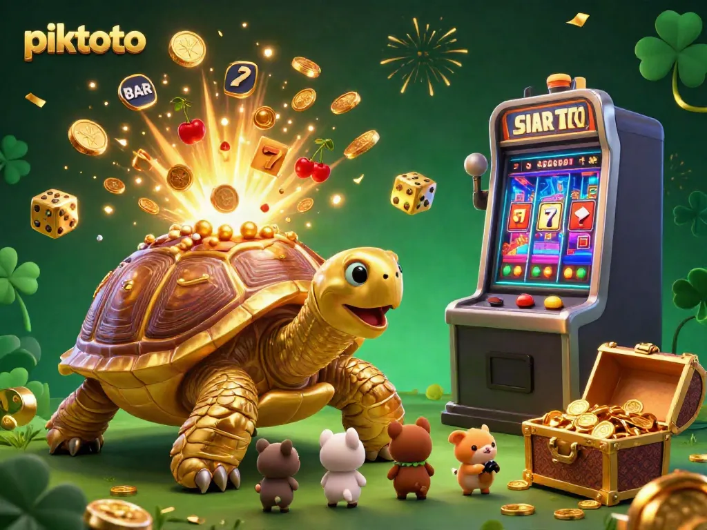 Experience piktoto through exciting 3D illustration of a golden tortoise pinball machine, vibrant slot machine, and gaming elements.