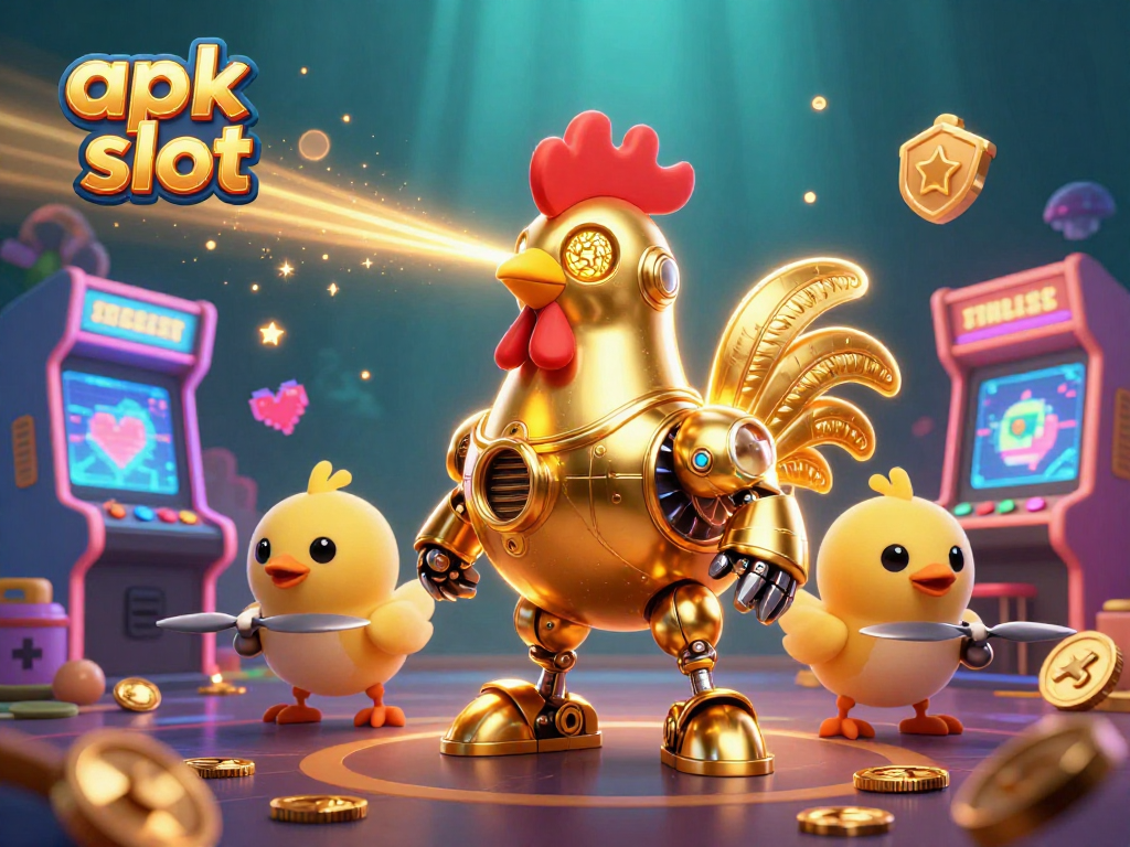 Bermain apk slot dengan robot ayam emas futuristik dikelilingi mesin permainan 3D cerah.