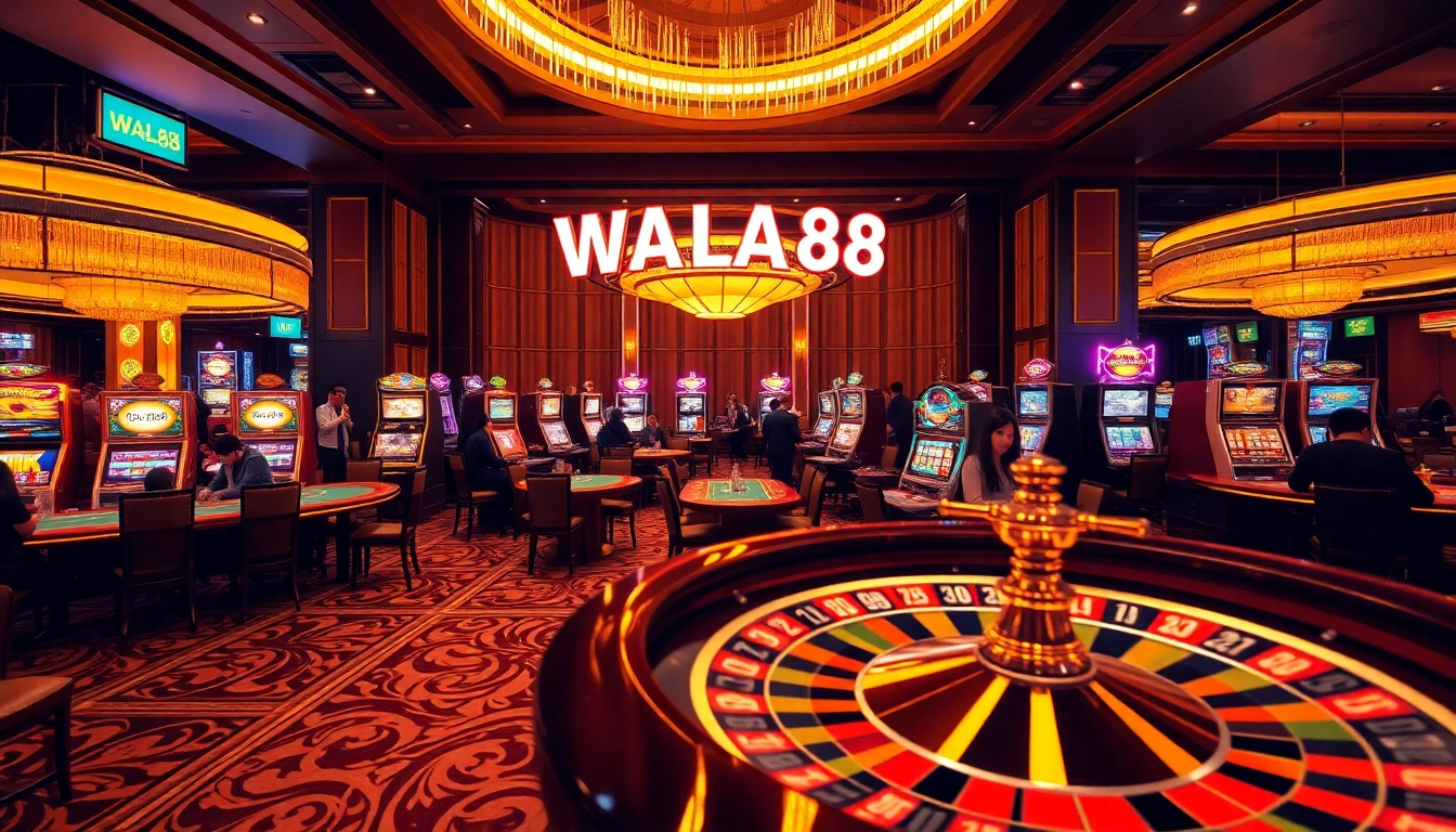 WALA88 players enjoying the thrill of poker and slot machines in a luxurious casino atmosphere.