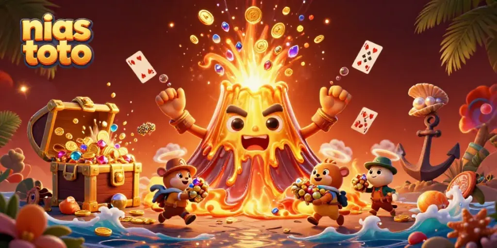 Prediksi togel online menggunakan nias toto, menampilkan ledakan uang dan harta karun.