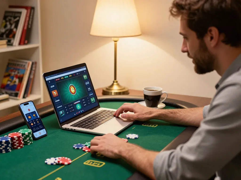LGO99 player engaged in an online poker game, surrounded by strategy notes and casino app, showcasing responsible gaming.