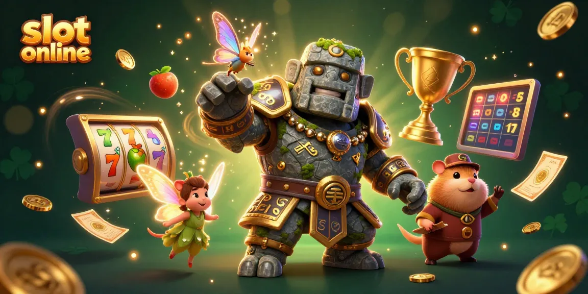Putaran slot online dengan karakter golem kuno dan peri berpendar, meraih kemenangan besar