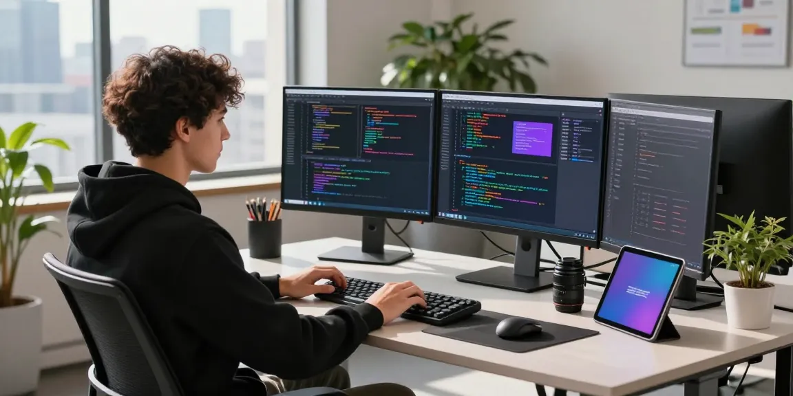 Lingkungan pengembangan perangkat lunak dengan UE99, pemuda bekerja dengan teknologi modern di ruang kantor yang cerah.