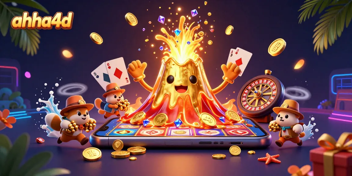 Experience thrilling slots at ahha4d with a lively illustration of golden treasures and vibrant casino elements.
