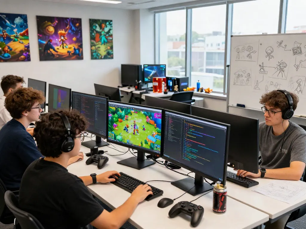 Developer muda sedang merancang permainan Kediritoto di studio permainan digital yang cerah.