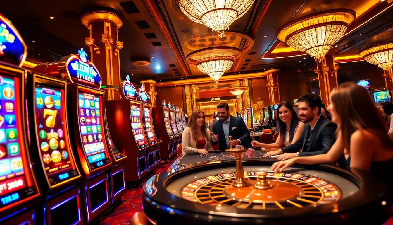 Pemain yang terlibat memenangkan mesin slot gacor berwarna-warni dalam suasana kasino mewah.