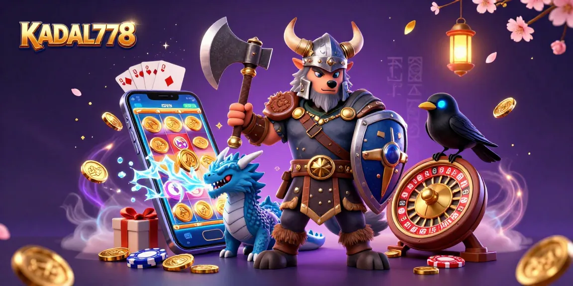 KADAL778 showcases thrilling online gaming with a Viking warrior, dragon, and dynamic casino elements.