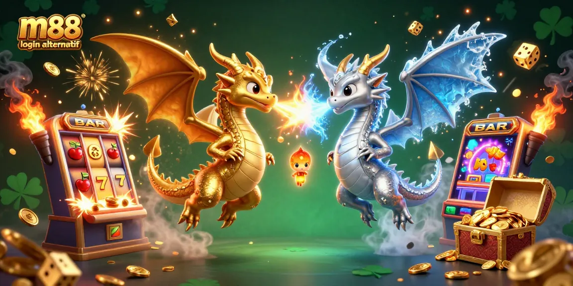 Mengakses m88 login alternatif untuk slot dan jackpot dengan ilustrasi naga berwarna emas dan perak di latar belakang kasino.