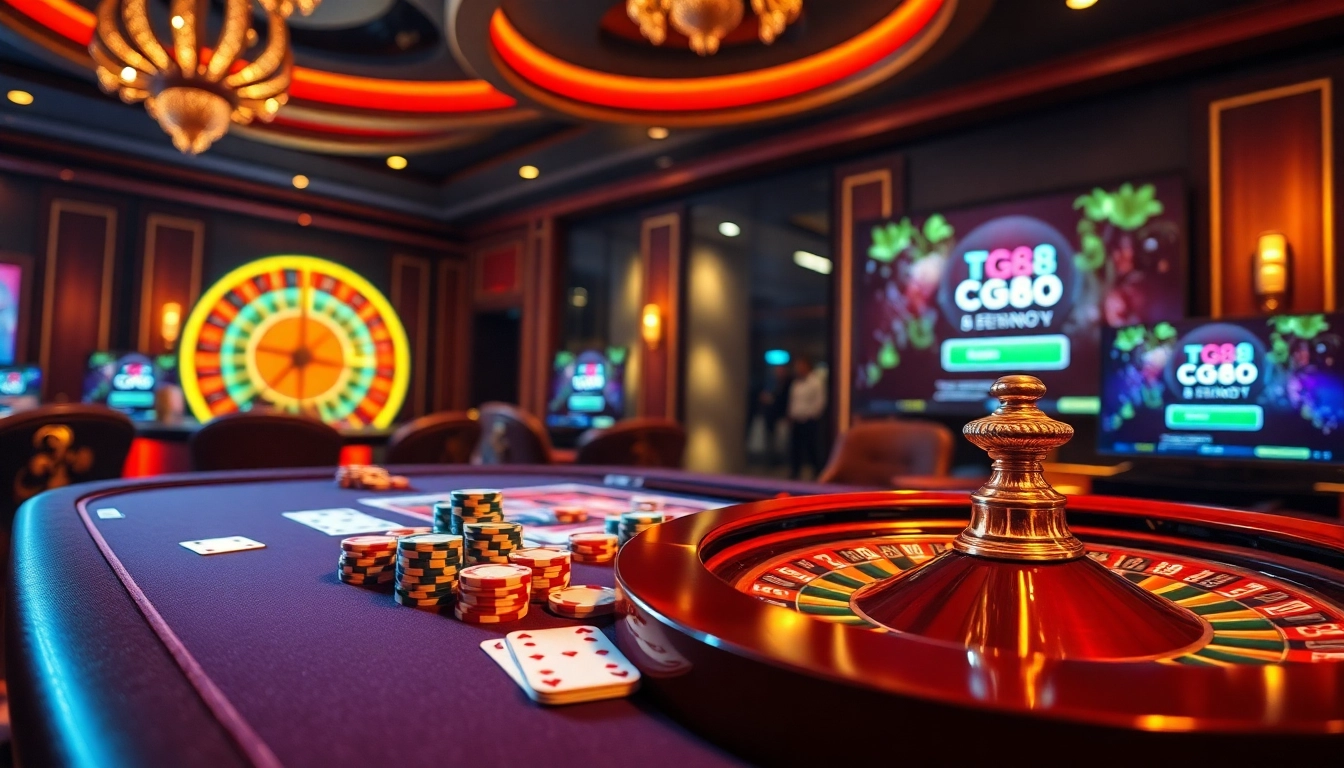 Experience the thrill of tg88 đăng nhập with vibrant casino visuals, including poker chips and roulette wheels.