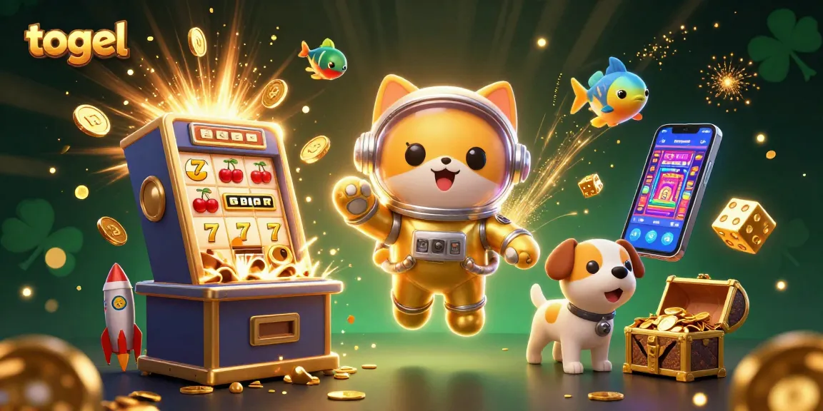 Menggambarkan pengalaman bermain togel yang menyenangkan dengan slot mesin dan kucing astronot.