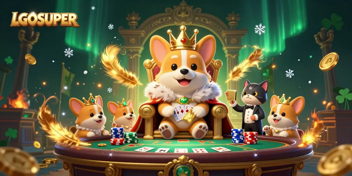 Experience LGOSUPER's royal gaming scene with a cartoon corgi in a poker chip throne, exciting gameplay.