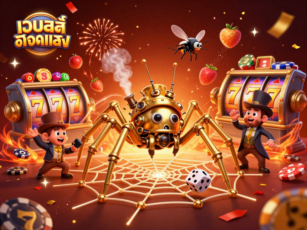 Engage with เว็บสล็อตตรง while exploring a dynamic 3D casino scene filled with exciting slot elements and a whimsical golden spider.