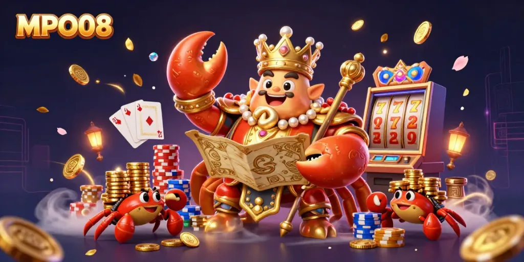 Engage with MPO08's vibrant casino world featuring a golden crab emperor amidst slots and treasure.