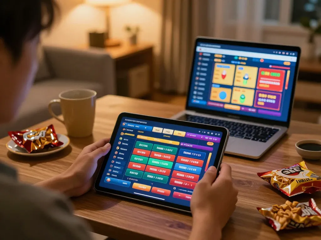 Enjoying a casual evening of togel online terpercaya gaming on a tablet, surrounded by snacks and a cozy atmosphere