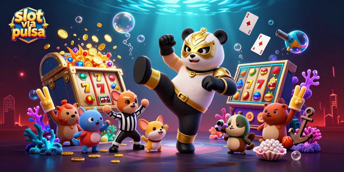 Spin to win with slot via pulsa, featuring lively cartoon characters in a vibrant casino scene.