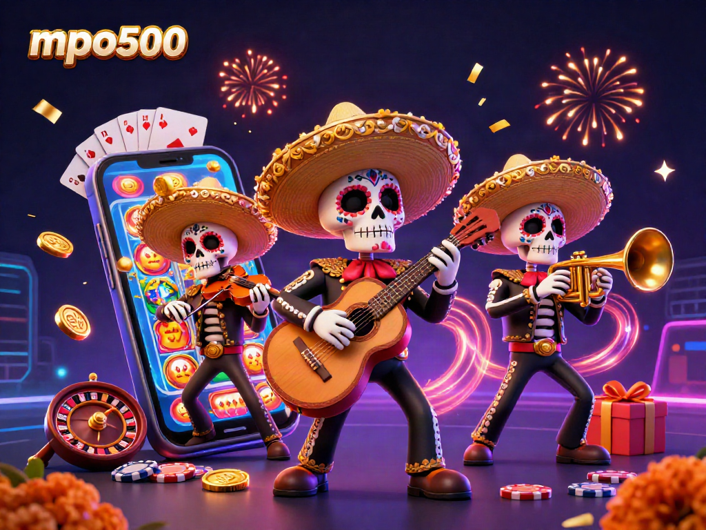 Menangkan permainan slot kasino mpo500 dengan skeleton mariachi yang ceria dan penuh warna.