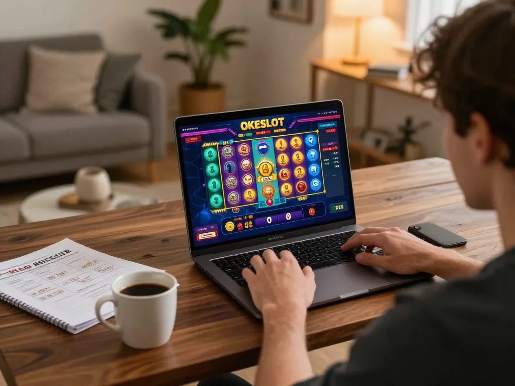 Player enjoying a thrilling session on OKESLOT gaming interface at home, highlighting strategic gameplay elements.