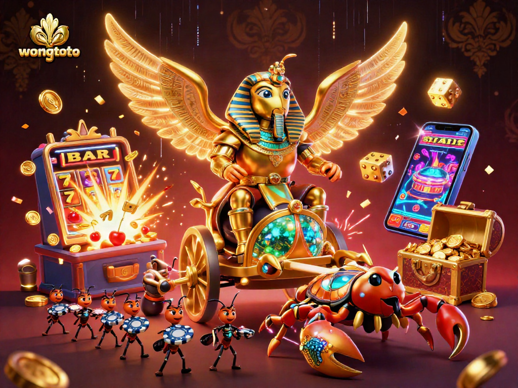 Engage with wongtoto's vibrant casino experience featuring a golden beetle and jackpot elements.
