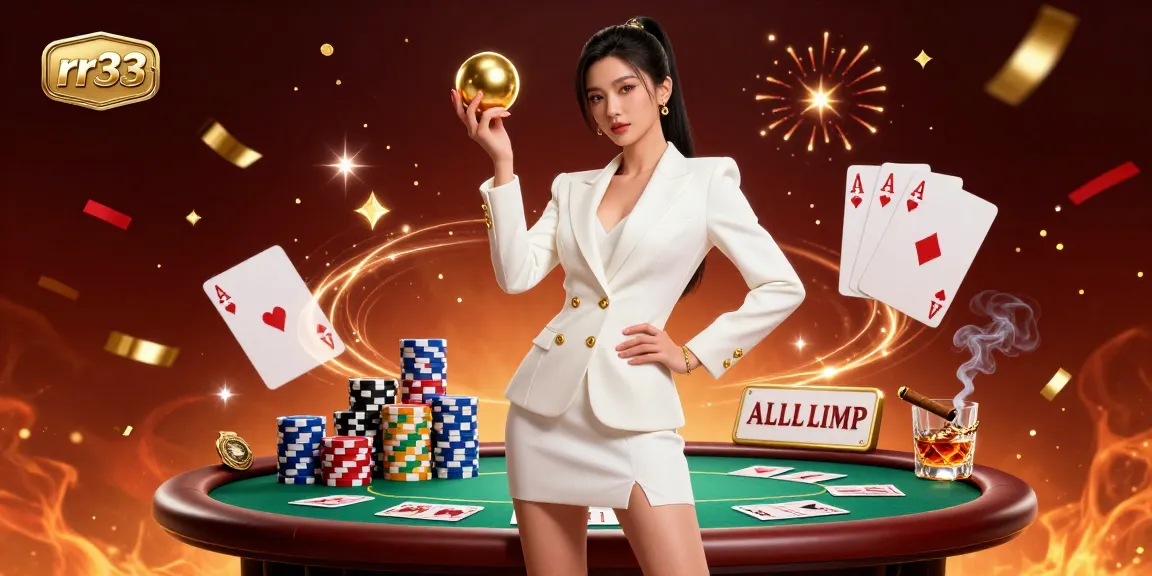 Bet on rr33's thrilling casino experience featuring a glamorous Asian woman and vibrant poker elements.