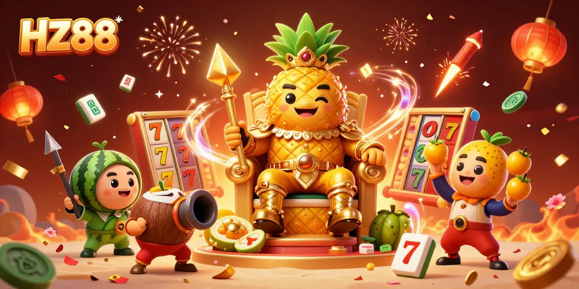 Experience HZ88 with vibrant slot reels and festive elements in a 3D casino scene.