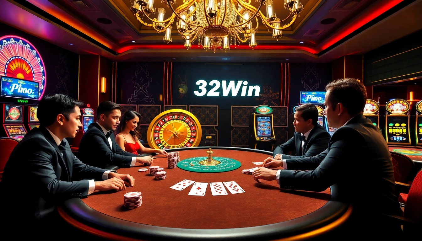 32Win poker table featuring high-stakes players and colorful chips in a luxurious casino setting