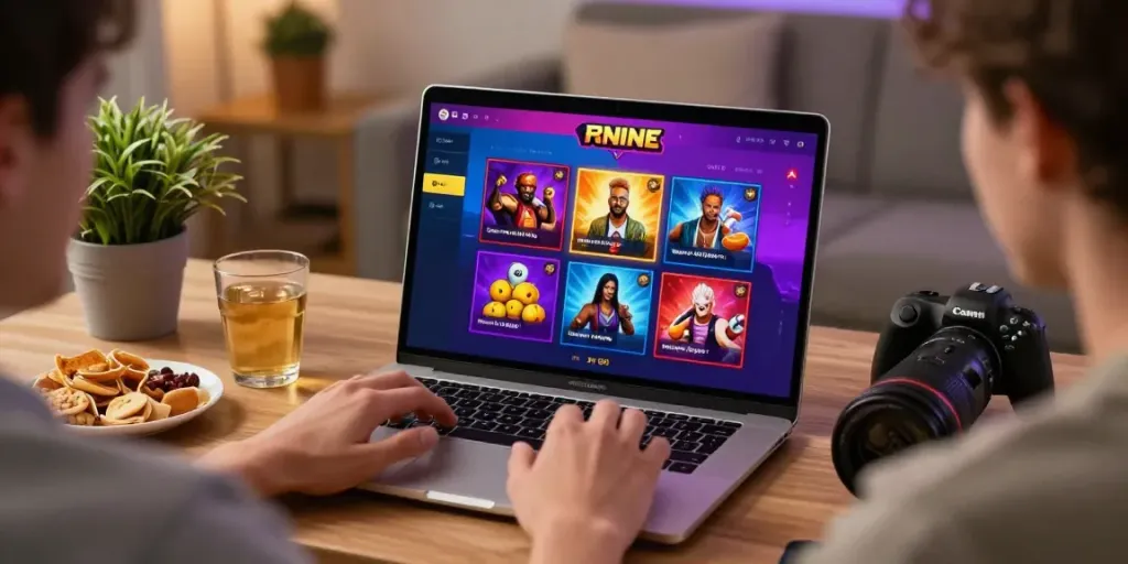 Pengguna aktif natunatoto di perangkat laptop dengan antarmuka permainan yang cerah dan makanan ringan di sampingnya.
