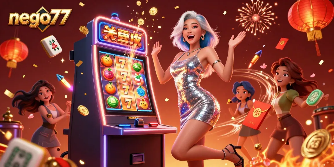 Spin the slots with nego77 and win big surrounded by golden coins and festive decorations.