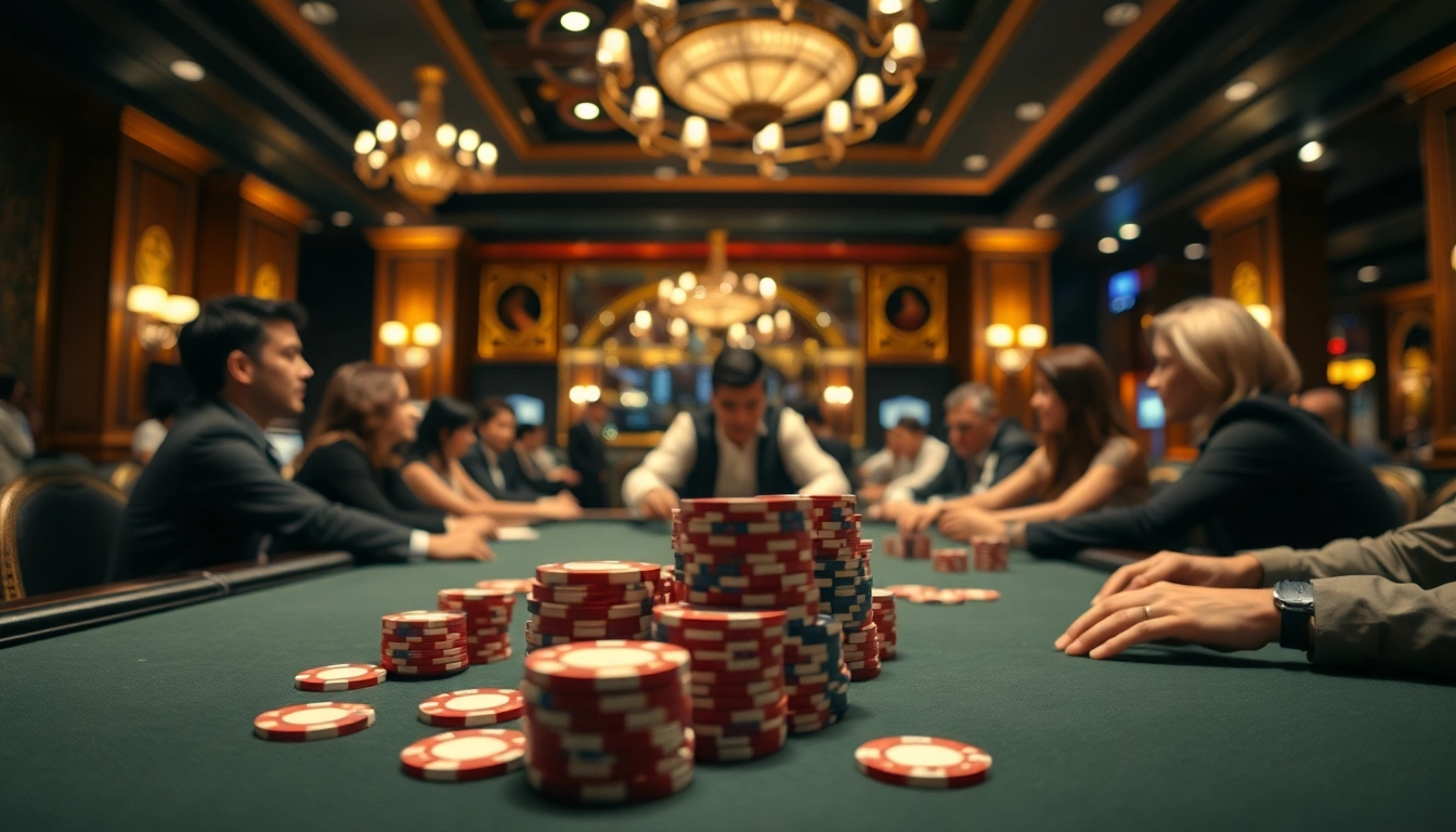 Permainan bbtn4d yang seru di meja poker dengan suasana kasino yang mewah.